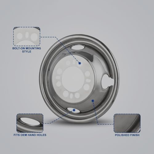 Image of 4pcs 16inch Polished Stainless Steel Dually Wheel Simulators for 1974-2000 Chevry GMC 3500&74-98 Ford F350&08-21 Ford E350 /E450 Van&74-99 Dodge Ram 3500,8 Lug 4 Hand Holes Hubcaps