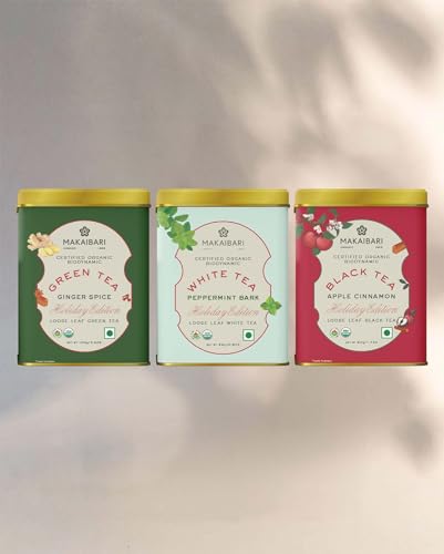 Image of Makaibari Holiday Edition Trio Pack|New Y Gift Box I Christmas Gift Hamper|Apple Cinnamon Black Tea|Ginger Spice Green Tea|White Peppermint Bark|Usda Certified (Loose Leaves,Gram)
