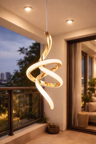 Image of Modern Spiral Shape Gold Finish Energy Saving Led Pendant Hanging with 3 Different Color Mode (Warm White, Cool White, Neutral White) for Bedroom, Living Room, Restaurants, Dining, Home