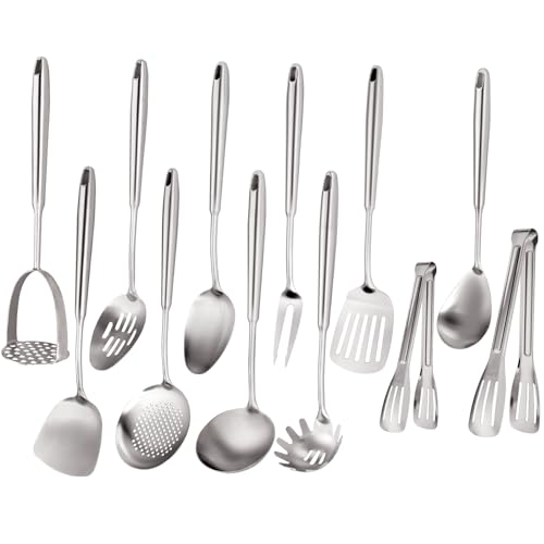304 Stainless Steel Cooking Utensils Set, Stainless Steel Kitchen Utensils, 12 PCS Long Large Metal Cooking Utensil Tools Set, Potato Masher, Fork, Tongs, Pasta, etc (Dishwasher Safe)