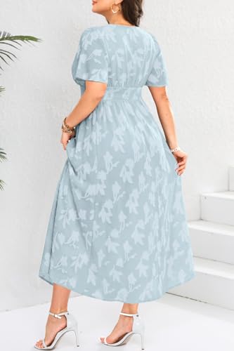 Image of Pinup Fashion Plus Size Wedding Guest Chiffon Semi Formal Maxi Dress | Chiffon, V-neckline, short sleeves, shirred waist, textured floral pattern, maxi length, versatile for all seasons