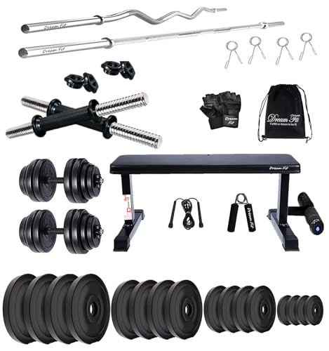 Image of DREAM FIT PVC Home Gym Set - 46 kg with 1 Flat Bench with Foot Extension, 3 ft Curling Rod, 5 ft Straight Rod, 1 Pair Dumbbell rods and Gym Accessories (46kg)