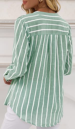 Kapoohott Womens Blouses Casual V Neck Stripes Shirts Roll Up Sleeve Button Down Blouses Tops(A Green, Medium) #TOP1