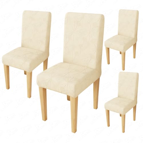 Image of Lukzer Elastic Dining Chair Cover - 4PC Pastel Yellow Starlight | Textured High Stretch Jacquard Seat Cover | Removable Washable Short Dining Chair Cover Protector Seat Slipcover | (CC-141-04)