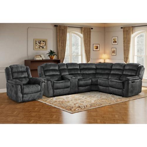 EBELLO Manual Reclining L-Shaped Sectional Sofa Set, Included Soft Fabric Corner Couch and Recliner Chair with Center Console, Cup Holders, Recliner Sectional Couches for Living Room, Grey