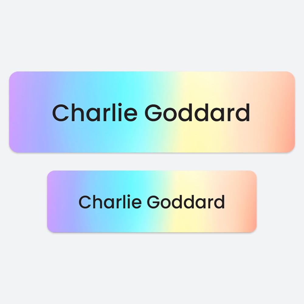 50 x No Iron Personalised Stick On Waterproof Washable Name Labels Great for Clothes, School Uniform, Equipment, Shoes and Much More. School, Nursery, Day Care, Hospital - Rainbow Ombre — image 1