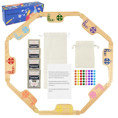 Jokers and Marbles Board Game Pegs and Jokers Card Game for 2-8 Players, Double-Side Painted Solid Wooden Game Boards with 8 Color 48 Marbles 4 Decks of Cards (Wood)