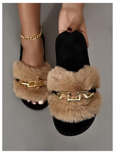 Verdusa Women's Fuzzy Slippers Cozy Plush Home Slippers Chain Decor Furry Open Toe House Shoes2