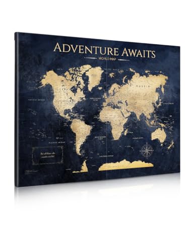 IPIC - World Map Canvas Painting for Wall Decor, Pinnable Travel Map, 30' x 24' Blue and Gold