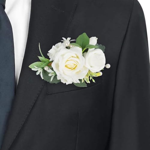 Roahosy Pocket Boutonniere for Men, White Groom Boutonniere Artificial Flowers Pocket Square Boutonniere for Wedding Ceremony Anniversary, Formal Dinner Party, Prom