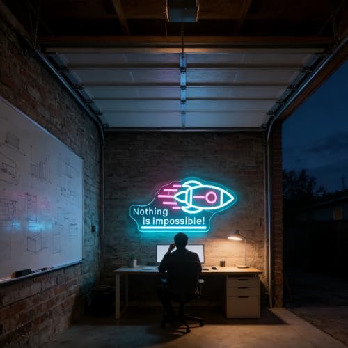 Image of inchNothing Is Impossible! inch Rocket Neon Light for Gaming Room Office - Motivational LED Wall Art, Dimmable USB Space-Themed Decor for Study Gym, Inspiring Gift for Gamers Teens Entrepreneurs