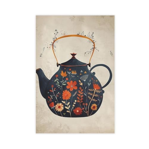 Théière florale bleu foncé décoration vintage salon chambre poster sur toile 40x61
