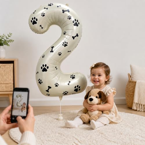 Image of 40 Inch Cream Beige Number 2 Foil Balloon DIY with Dog Paw Bone Stickers