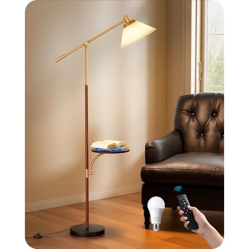 EDISHINE 68" Arc Floor Lamp with Table, Vintage Standing Lamp for Living Room with Tray, Tall Reading Lamp, Beige Shade, Adjustable Arm, Remote Dimmable Bulb Included, for Bedroom Office, Wo