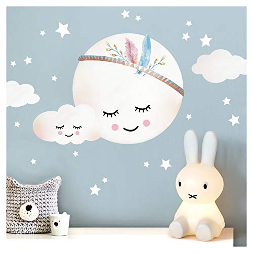 Little Deco Wandtattoo Kinderzimmer Mädchen Mond Wolken Sterne I L - 39 x 29 cm (BxH) I Federn Wandsticker Babyzimmer selbstklebend Wandaufkleber Baby Kinder DL263