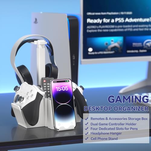 KDD Dual Controller Holder with Headphone Stand - Multi-Functional Desk Storage Box with Phone Holder - Universal Controller Stand with Desktop Organizer for Remote Control Pen Accessories(White) - Image 3