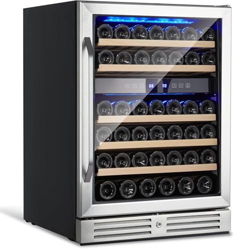 Image of GarveeTech 46 Bottle Built-in Wine Cooler, 24 Inch Single Zone Dual Temp Metal Wine Fridge, Under Counter or Standalone, Touch Control, Quiet, for Red White Champagne, Black
