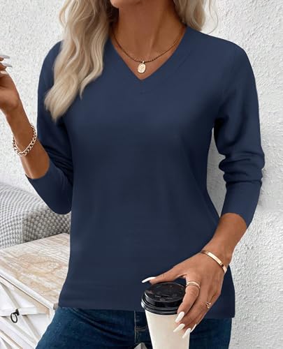 Image of Women's Spring Sweaters 2026 Casual Long Sleeve Pullover V Neck Lightweight Sweatshirts Cute Blouse Tops