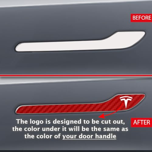Image of IPG Compatible for Model 3 / Model Y Door Handle Decal Sticker Wrap Kit (Set of 4) with Tesla Logo Personalize Your Tesla (Red Carbon Fiber)