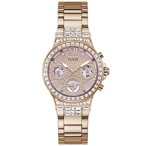 GUESS Ladies Sport Multifunction Glitz with Crystals 36mm Watch – Pink Dial Rose Gold-Tone Stainless Steel Case & Bracelet
