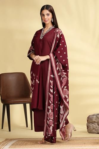 Image of Cotton Culture Wine Embroidered Roman Silk Kurta Pant and Dupatta Suit Set