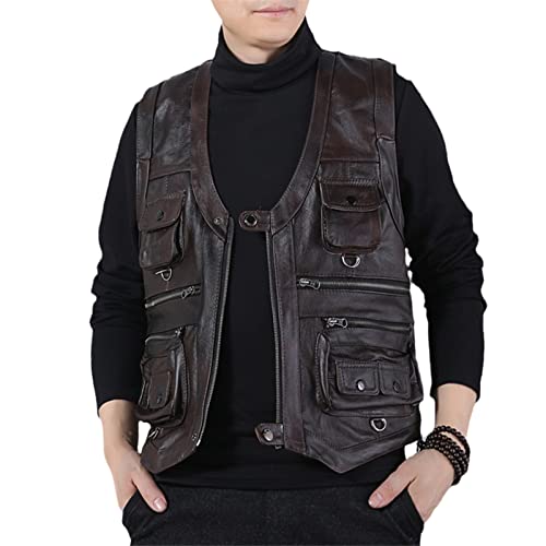 Chaleco de cuero sastrero marrón oscuro chaqueta sin mangas con cinco bolsillos XXXXXXL