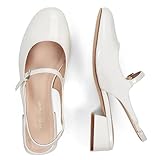 GENSHUO Women's Mary Jane Chunky Low Heels Slingback Pumps,with Comfy Closed Round Toe,1 Inch Wedding Party Work Church Vintage Short Dress Shoes Beige Patent Size 7