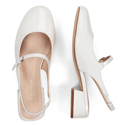 GENSHUO Women's Mary Jane Chunky Low Heels Slingback Pumps,with Comfy Closed Round Toe,1 Inch Wedding Party Work Church Vintage Short Dress Shoes Beige Patent Size 7