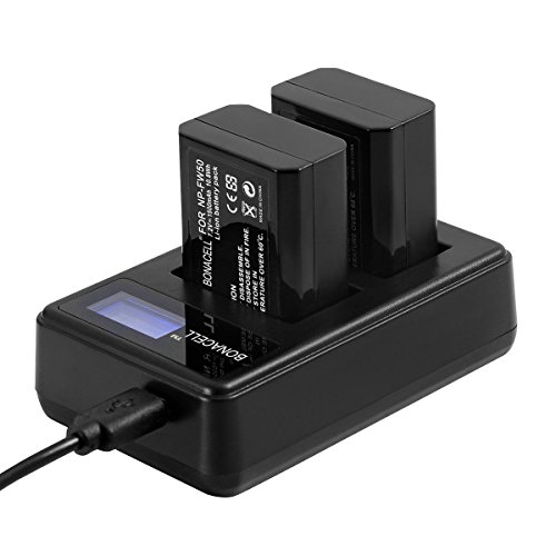 Bonacell NP-FW50 Battery and LCD Dual Charger Compatible with Sony Alpha a3000, a6300, a6000, DSC-RX10 IV, a7s, a7, a7s ii, a7r ii, a5100, a5000, a7r, a7 ii etc Digital Camera