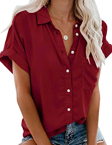 Xnova Camisa Manga Corta de Mujer Básica Blusa Botón Cuello en V Oversized Tops Sólido Essentials Shirt, Cuello con Solapa de Verano Camiseta con Bolsillo (Vino Tinto,S)
