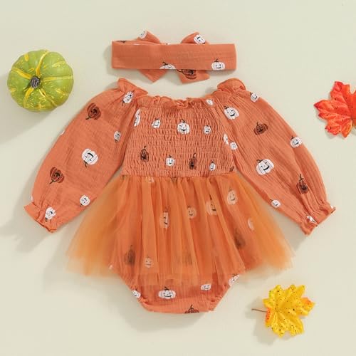 Baby Girl Halloween Outfit Newborn Pumpkin Romper Dress Puff Sleeve Ruffle Bodysuit Jumpsuit Fall Clothes4