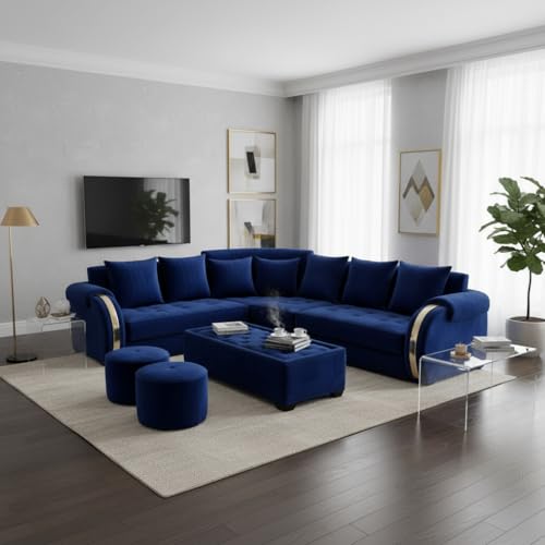 Image of APRODZ Solid Wood 6 Seater Sofa Set Velvet Fabric Sectional L Shaped Sofa with Center Table & Ottomans Corner Sofa for Home Office Cushioned Seating for Home & Lounge Use (Royal Blue)