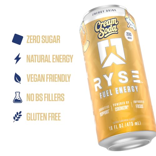 Image of RYSE Fuel Energy Drink - Cream Soda - Sugar Free - 200mg Natural Caffeine, New Formula to Supports Cognitive Health & Improves Focus - No Artificial Colors - 16 fl oz Cans (12-Pack)