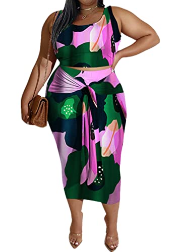 Image of Plus Size Women 2 Piece Outfits Sets Sexy Tracksuit Midi Dress,Sleeveless Tank Top Bodycon Skirts Set Casual Summer
