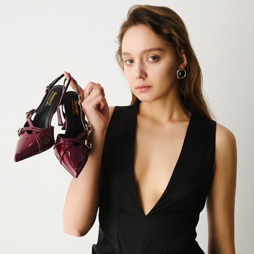 Susanny Burgundy Patent Slingback Heels for Women Closed Pointed Toe Strappy Dress Pumps Comfort Stiletto Kitten Heels Buckle Strap Dressy Slip On Shoes for Wedding Bridal3