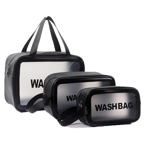 Travel Wash Toiletry Bag for Women Men, Translucent Waterproof Makeup Cosmetic Bag Travel Organizer for Accessories, Toiletries,Set of 3,Black