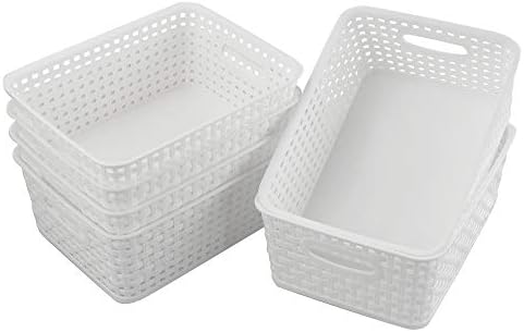 Hokky 6-Pack White Plastic Weave Basket, Woven Rattan Storage Basket, Desktop Storage Box