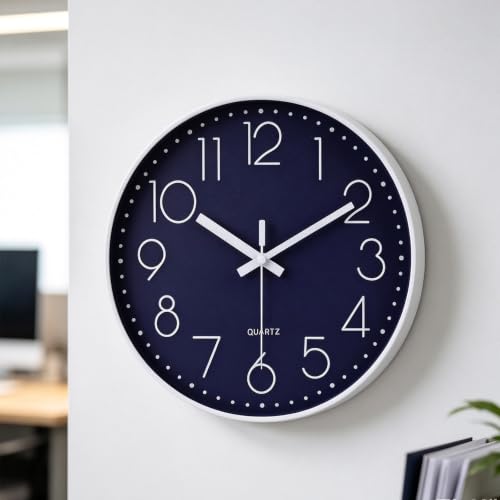 Image of jomparis 12 Inch Silent Non-Ticking Battery Operated Quality Quartz Round Wall Clock Navy Blue Color Modern Decor Clock for Home Office Bedroom Classroom