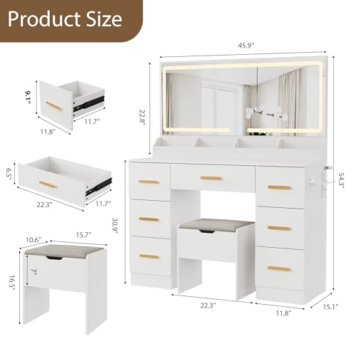 Garvee Vanity Desk with Large Mirror and Lights, 45.9In Makeup Vanity Desk, 3 Lighting Modes Adjustable Brightness, Vanity Table with Power Outlet &8 Drawers, for Powder Room and Bedroom