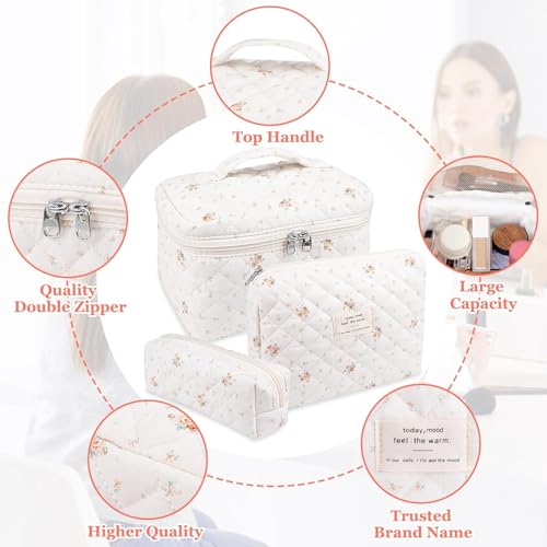 Image of Lyrovo Makeup Organizer Cosmetic Bag Quilted Large Floral Make Up Organize Set for Women Flower Travel Toiletry Bag (Floral-White)