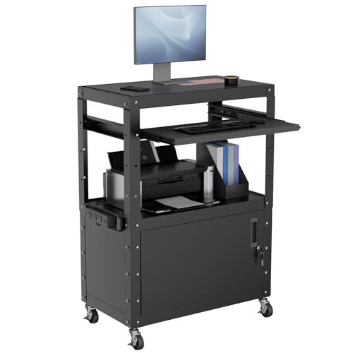 Adjustable Rolling AV Cart with Outlets and Cabinet