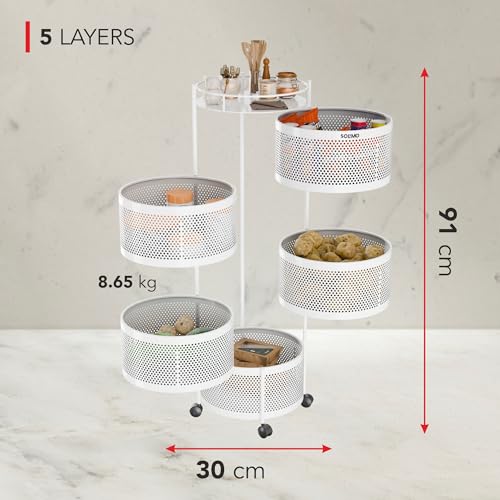 Image of Amazon Brand - Solimo 360 Revolving Preassembled Portable 5 Layer Round Multipurpose Storage Kitchen Rack Carbon Steel Fruit Vegetable & Spice Trolley with Wheels for Kitchen Organizer(Matte, White)