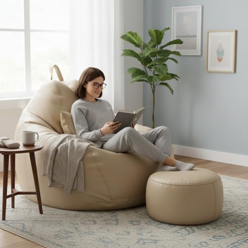 Image of KAM'S LIEU 6XL Jumbo Premium Bean Bag Chair with Footrest & Cushion | Filled with High Density EPS Beans | Comfortable Sofa for Living Room & Bedroom | 6 Months Warranty, Color- (Cream, 6XL, Premium)