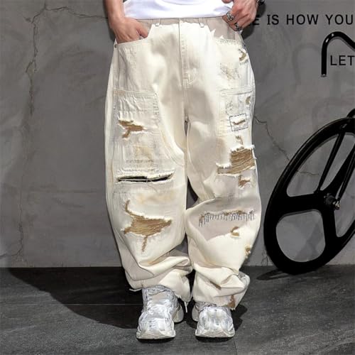 Men’S Trendy Vintage Loose Straight Jeans Button Fly Unwashed Distressed Ripped Patched Stacked Hem Full Length Jeans3