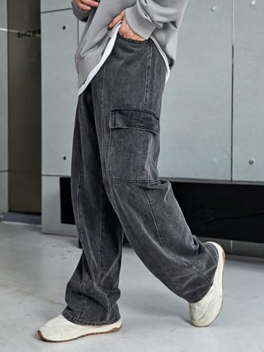 Image of KOTTY Men's Loose Fit Cargo Denim Jeans - Vintage Washed Utility Jeans with Side Pockets