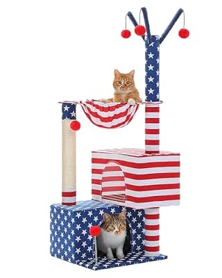 PURRPURCAT American Flag Cat Tree for Kittens & Senior Cats, 45” Stable Cat Tower Corner Fit, Patriotic Star & Stripes Cat House for Small Spaces with 2 Condos, Hammock & Reinforced Scratching Posts