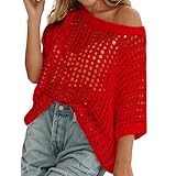 Aniywn Mesh Shirt Women Beach Summer Scoop Neck Short Sleeve Casual Shirts Crochet Hollow Out Knit Tops Coverup Pullover