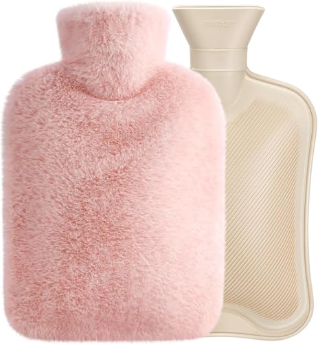 Image of Hot Water Bottle with Soft Cover 2000ml | Durable Hot Bags for Pain Relief Menstrual,Period Cramps | Leakproof Safe Portable Injection Water Bag for Neck,Hand Feet and Shoulder,2 Liters,Pink)