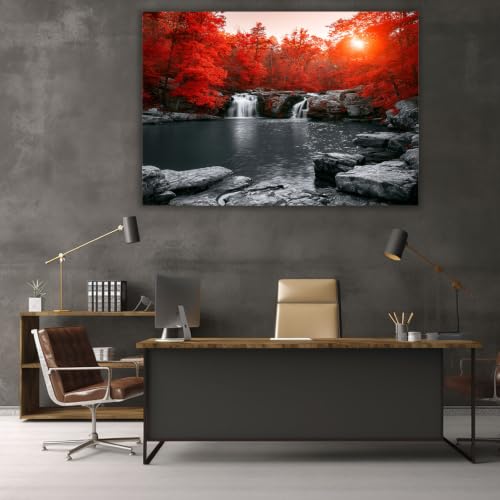 Cuadros decorativos de salón con diseño de bosque rojo y cascada en lienzo de 40x60cm 2