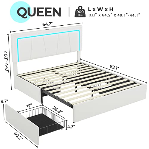 Hasuit Queen Bed Frame With Headboard, 4 Storage Drawers, 2 Usb Charging Station Ports, And Led Light, Upholstered Platform Bed Queen Size No Box Spring Needed, Noise Free #TOP1